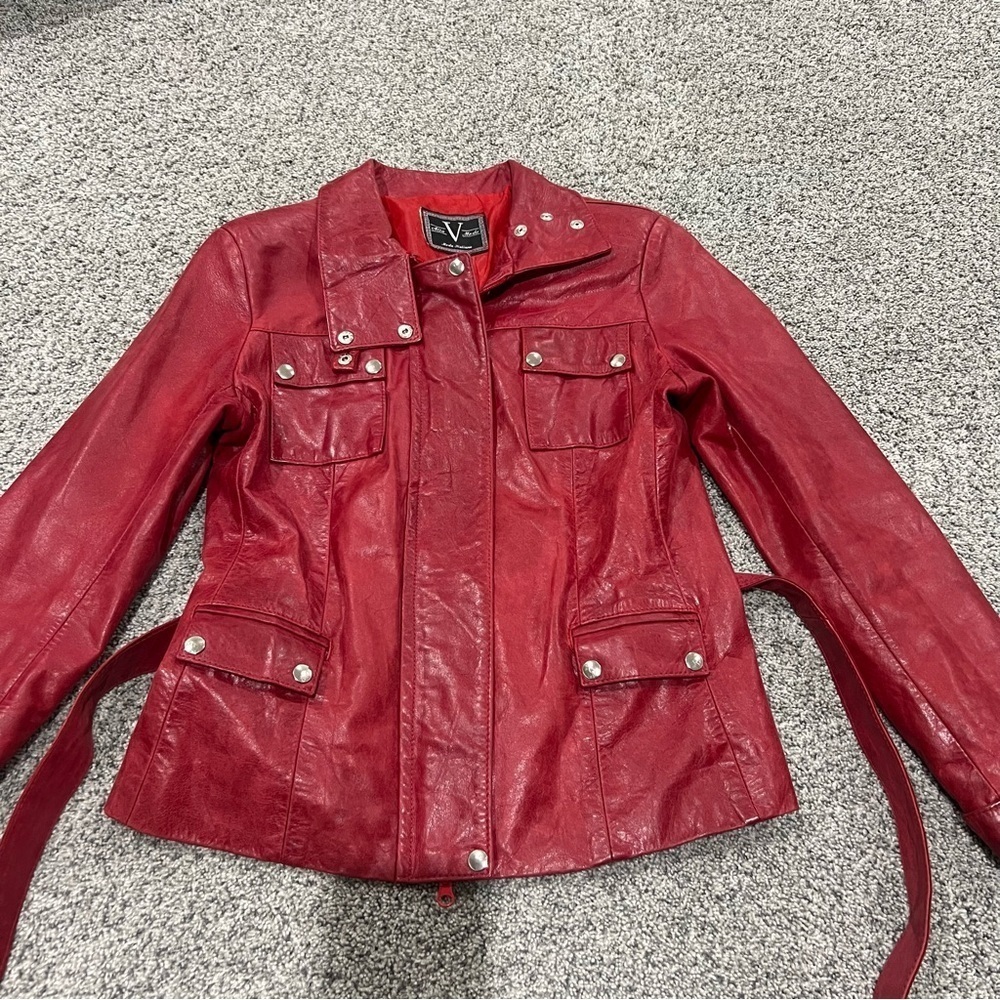 Vintage Alta V Moda Red Genuine Leather High Collar Belted Jacket Women’s Size L